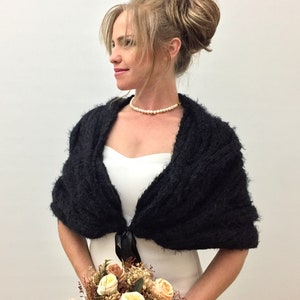 Wedding Shawl, Bridal Wrap, Black Bridesmaid Gift, Evening Stole, Knit Scarf, Mohair Cover up, Winter Shrug, Fuzzy Bolero, Fast Shipping image 5