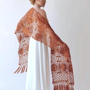 Rust Cotton Crochet Shawl, Burnt Orange Lace Fringed Wrap