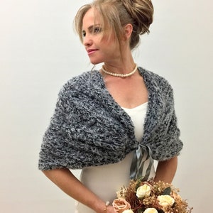 Wedding Shawl, Bridal Wrap, Black white marled scarf, Bridesmaid Gift, Evening Shrug, Knit Bridal Cover up, Winter Bolero, Fuzzy, Mohair