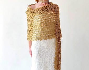 Hand Crochet Gold Metallic Shawl, Sparkly Evening Wrap