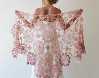Châle de mariage en mohair au crochet, écharpe de mariée rose poudré, cadeau de demoiselle d'honneur