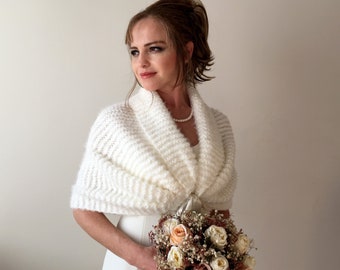 Wedding shawl, ivory bridal wrap, cream scarf, evening stole, knitted wool stole, mohair, bridesmaid gift, fall winter wedding, oversized