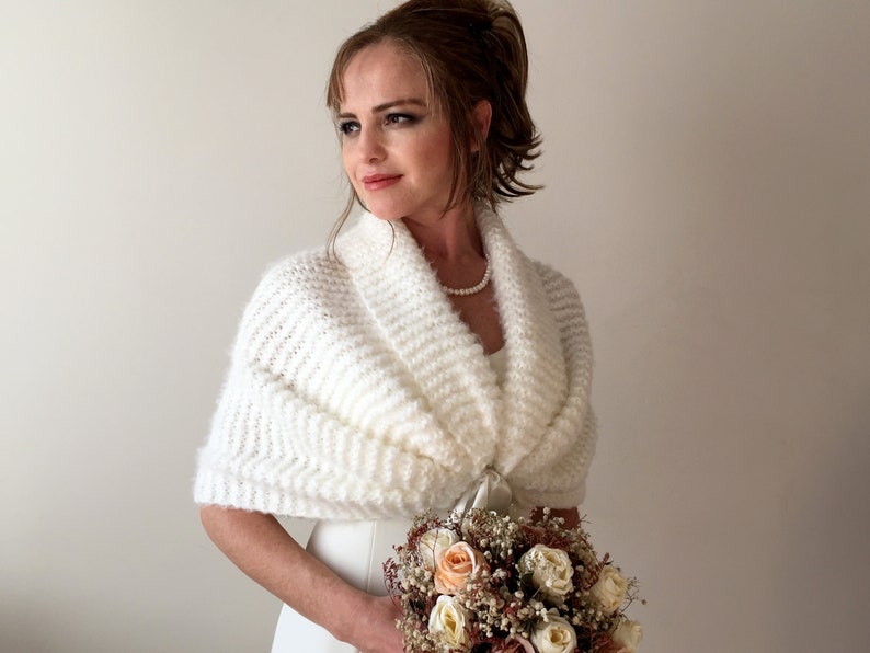 Wedding shawl, ivory bridal wrap, cream scarf, evening stole, knitted wool stole, mohair, bridesmaid gift, fall winter wedding, oversized image 1