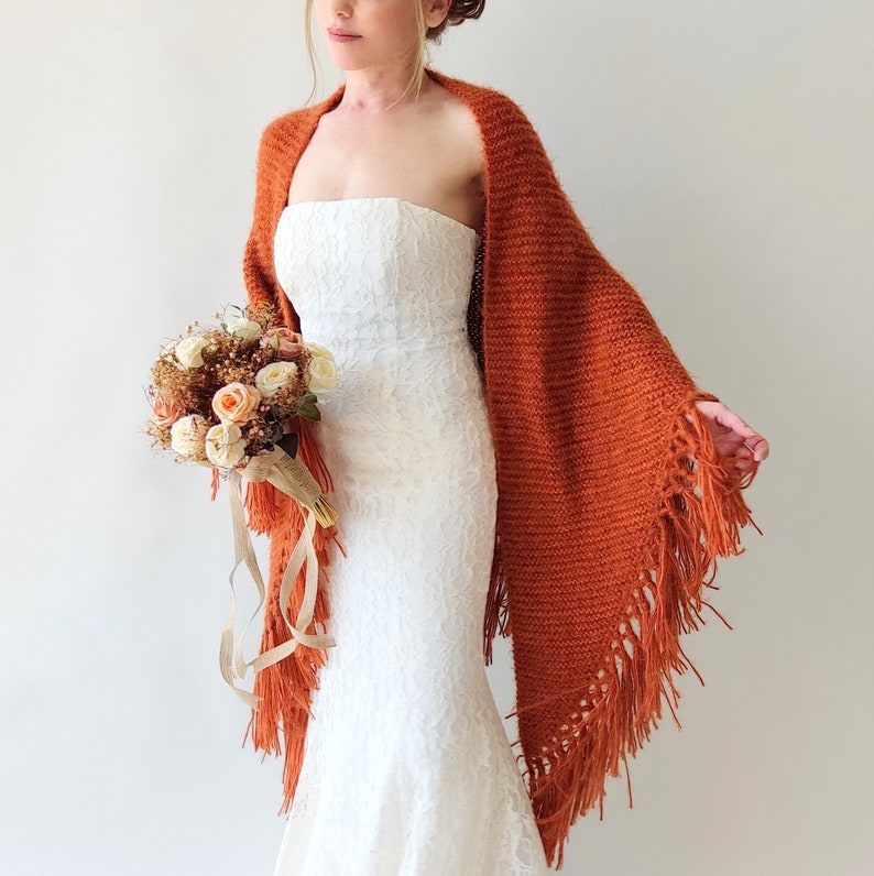 Burnt orange shawl, cinnamon wrap, rust scarf, mohair wool wrap, bridal cover up, fall winter wedding, bridesmaid gift, boho, fringed image 5