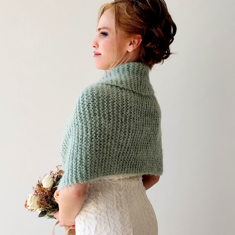 Sage green wedding shawl, knit fuzzy wrap, mint bridal cover up, wool shawl, fall winter wedding, bridesmaid gift, warm fall winter, mohair image 4