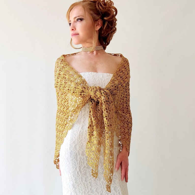 Gold glitter shawl, sparkly evening wrap, shiny cover up, bridal wedding shawl, mother of bride, gift for her, lacy triangular scarf image 6