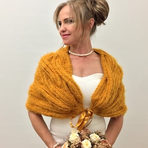Wedding Shawl, Bridal Wrap, Mustard Bridesmaid Gift, Evening Shrug, Yellow Scarf, Mohair Cover up, Winter Scarf, Knit Fuzy Bolero, Capelet