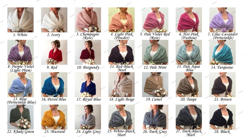 K&ouml;nnte beinhalten: Eine Sammlung von 28 gestrickten Schals in verschiedenen Farben, darunter Wei&szlig;, Elfenbein, Champagner, Hellrosa, Blasses Violettrot, Pink, Lila-Lavendel, Purpurviolett, Rot, Burgunderrot, Rot-Schwarz-Marmoriert, Hellmint, Hellblaues Aqua, T&uuml;rkis, Blau, Petrolblau, K&ouml;nigsblau, Hellbeige, Kamel, Taupe, Braun, Khaki Gr&uuml;n, Senf, Hellgrau, Wei&szlig;-Schwarz-Marmoriert, Dunkelgrau, Dunkel-Schwarz-Marmoriert und Schwarz.