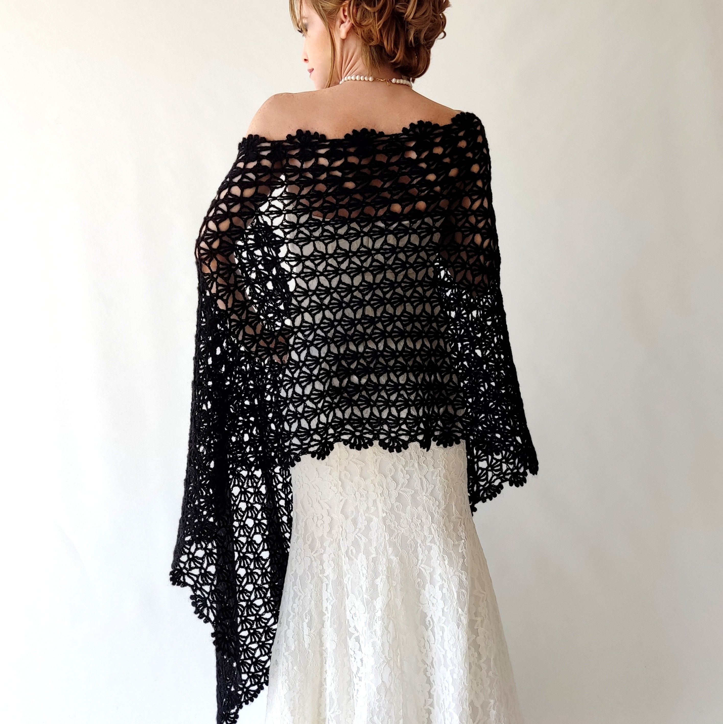 Black evening shawl, bridal wedding shawl, mother of the bride, lace bridesmaid gift, crochet lace scarf, warm mohair capelet, spring shrug