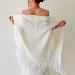 Ivory Wedding shawl, bridal cover up, cream bridesmaid gift, fringed wool wrap, mohair evening stole, triangular shawl, fall winter shawl image 3