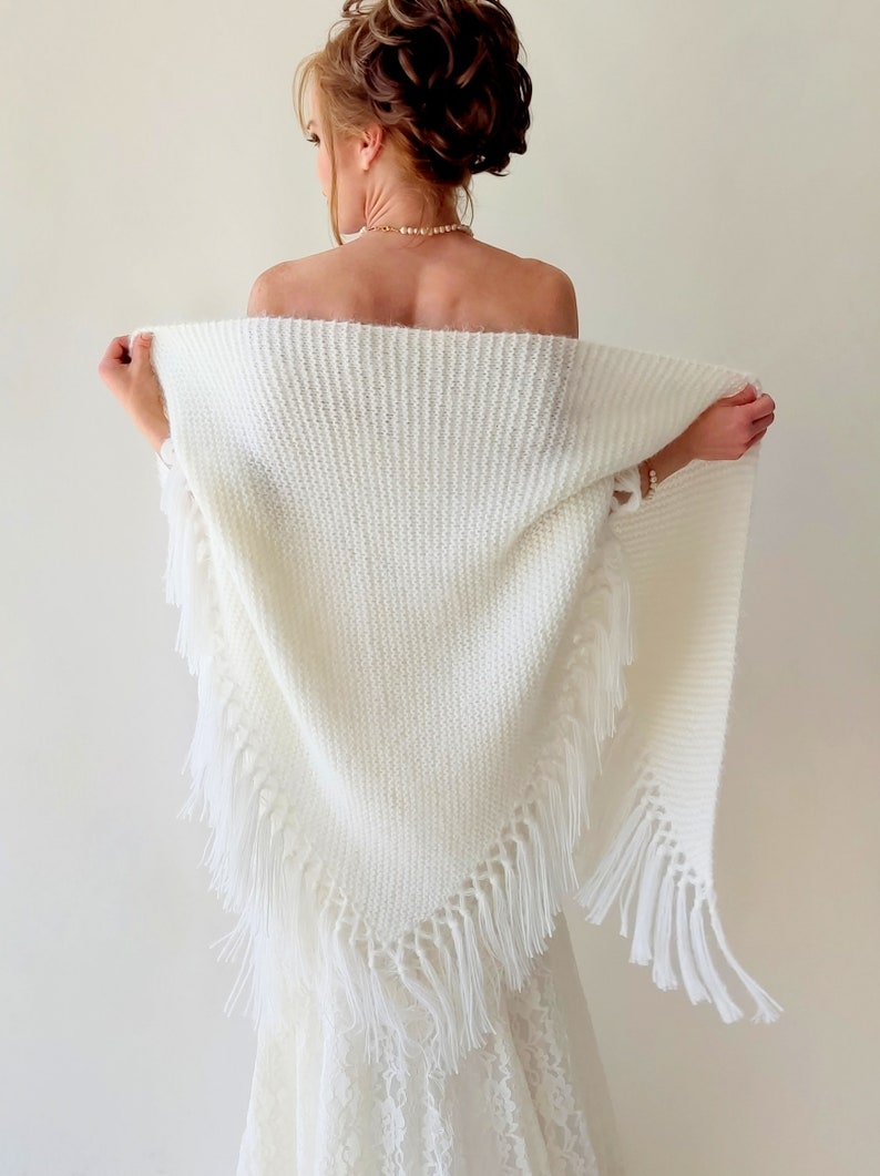 Ivory Wedding shawl, bridal cover up, cream bridesmaid gift, fringed wool wrap, mohair evening stole, triangular shawl, fall winter shawl image 3