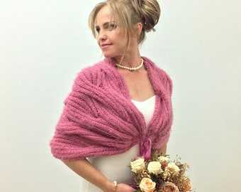 Dark rose shawl, knitted pink wrap, old rose scarf, mohair wool wrap, bridal cover up, fall winter wedding, bridesmaid gift, dusty rose wrap