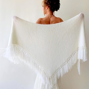 Ivory Wedding shawl, bridal cover up, cream bridesmaid gift, fringed wool wrap, mohair evening stole, triangular shawl, fall winter shawl