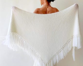 Ivory Wedding shawl, bridal cover up, cream bridesmaid gift, fringed wool wrap, mohair evening stole, triangular shawl, fall winter shawl