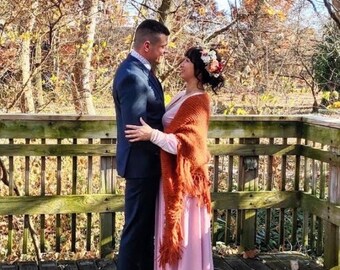 Burnt Orange Bridal Shawl, Cinnamon Wedding Wrap, Rust Triangular-Fringed Scarf, Evening Cover up.