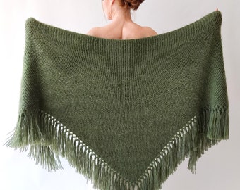 Winter Wedding Shawl, green knit wrap, olive bridal cover up, khaki wool shawl, fall winter wedding, bridesmaid gift, warm, fringed, mohair