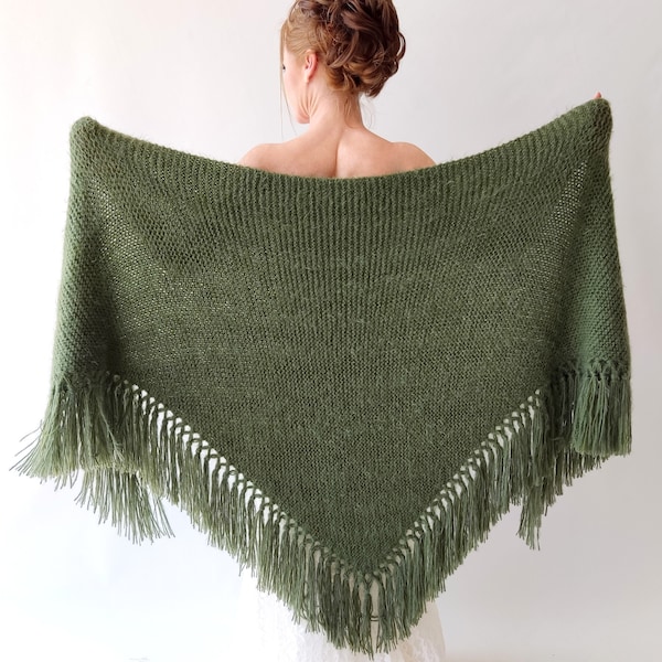 Khaki Green Winter Wedding Shawl, Olive Bridal  Triangular Tassel Knit Wrap, Fringed Mohair Scarf
