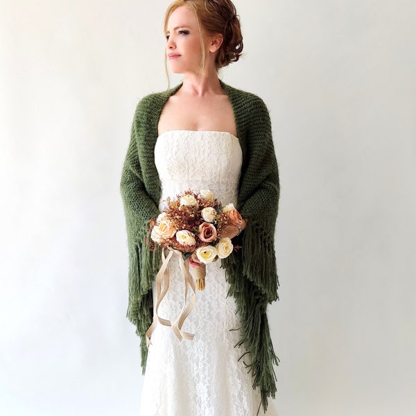 Winter Wedding Shawl, green knit wrap, olive bridal cover up, khaki wool shawl, fall winter wedding, bridesmaid gift, warm, fringed, mohair