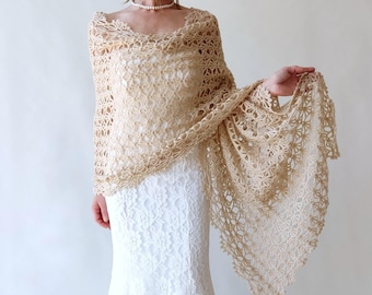 Champagne mohair shawl, beige evening stole, bridal wedding shawl, mother of the bride wrap, lacy bridesmaid gift, crochet lace scarf
