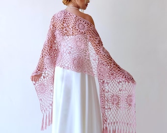 Dusty rose shawl, blush wedding wrap, pale pink scarf, bridal wedding stole, cotton evening scarf,summer gift for her, fringed boho cover up