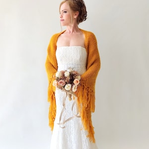 Mustard wedding shawl, bridal cover up, winter wrap, bridesmaid gift, fringed wool wrap, mohair evening stole, triangular shawl, warm scarf