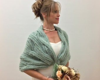 Sage green wedding shawl, knit fuzzy wrap, mint bridal cover up, wool shawl, fall winter wedding, bridesmaid gift, warm mohair, pale mint