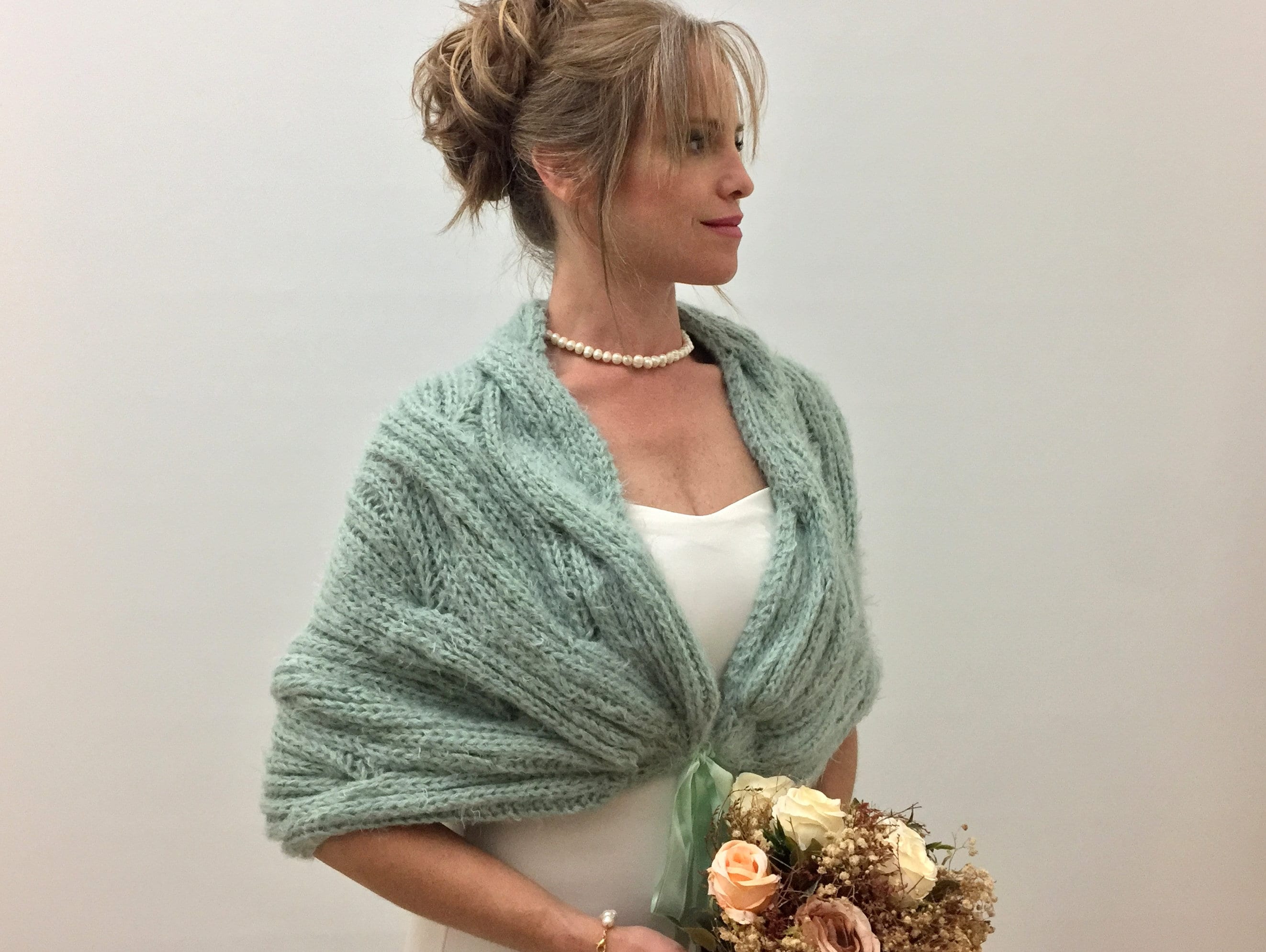 Sage Green Wedding Shawl, Knit Fuzzy Wrap, Mint Bridal Cover