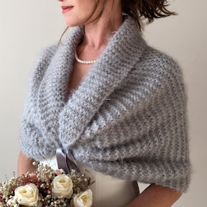 Light gray shawl, fuzzy evening wrap, fall winter wedding, bridesmaid gift, mother of bride, bridal shawl, fringed scarf, warm wool cover up image 7