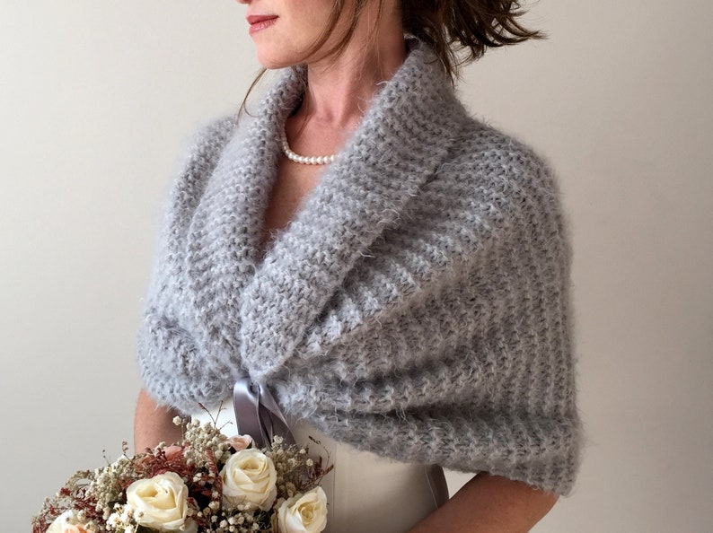 Light gray shawl, fuzzy evening wrap, fall winter wedding, bridesmaid gift, mother of bride, bridal shawl, fringed scarf, warm wool cover up image 7