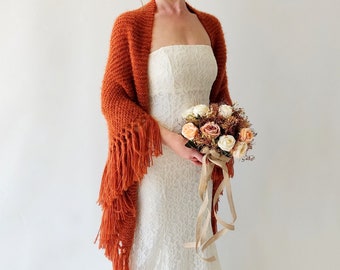 Cinnamon shawl, burnt orange wrap, rust scarf, mohair wool wrap, bridal cover up, fall winter wedding, bridesmaid gift, boho, fringed