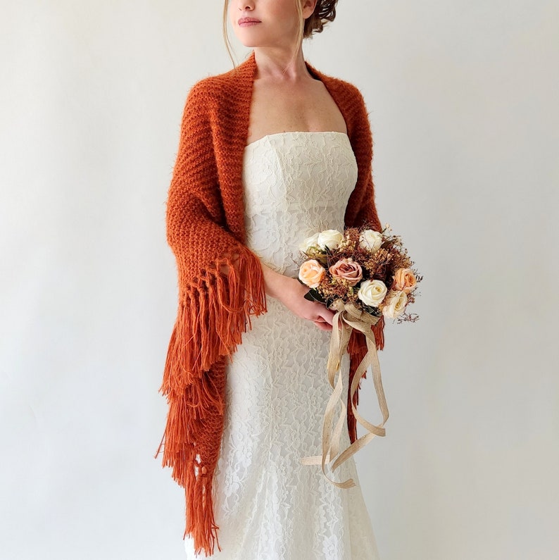 Burnt orange shawl, cinnamon wrap, rust scarf, mohair wool wrap, bridal cover up, fall winter wedding, bridesmaid gift, boho, fringed image 3