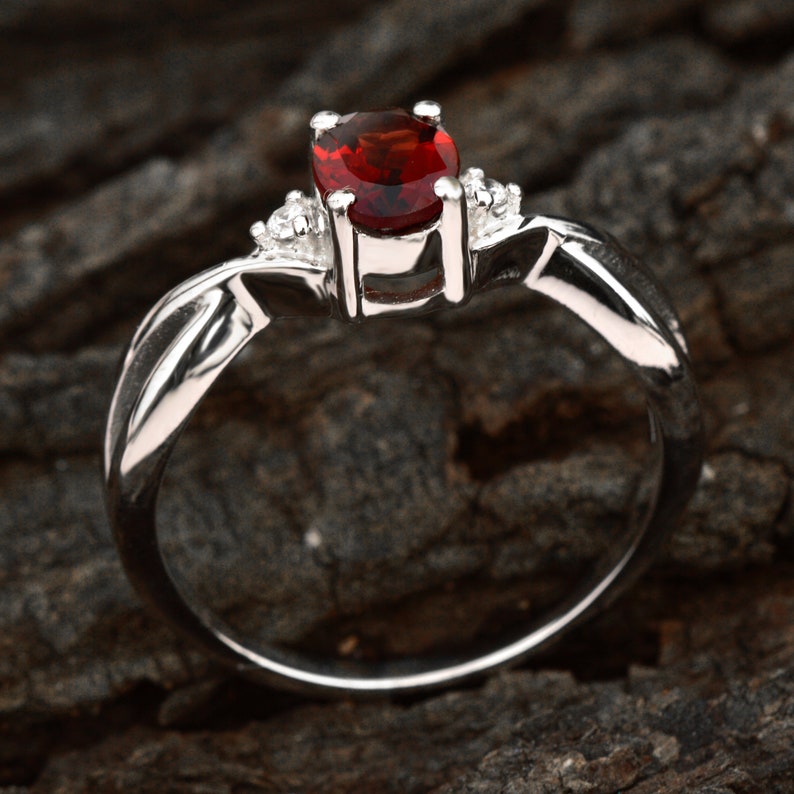 Gift For Her Solid 925 Silver Minimalist Ring Natural Red Garnet Ring Everyday Wear Anniversary Ring Zircon Accented Promise Ring Band