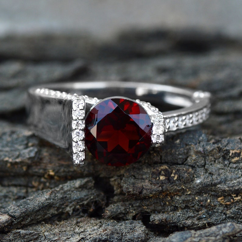 Xmas Gift For Her White Zircon Accented Natural Red Garnet Engagement Ring Dainty Promise Ring Solid 925 Silver Statement Ring
