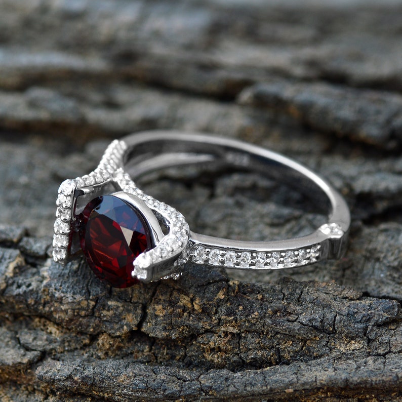 Xmas Gift For Her White Zircon Accented Natural Red Garnet Engagement Ring Dainty Promise Ring Solid 925 Silver Statement Ring