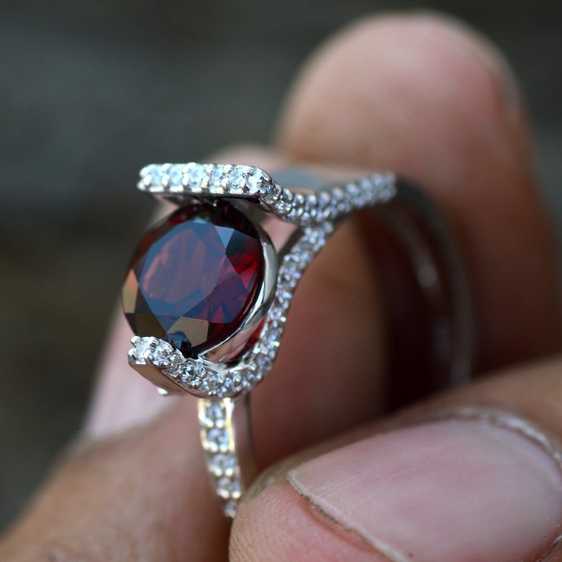 Xmas Gift For Her White Zircon Accented Natural Red Garnet Engagement Ring Dainty Promise Ring Solid 925 Silver Statement Ring