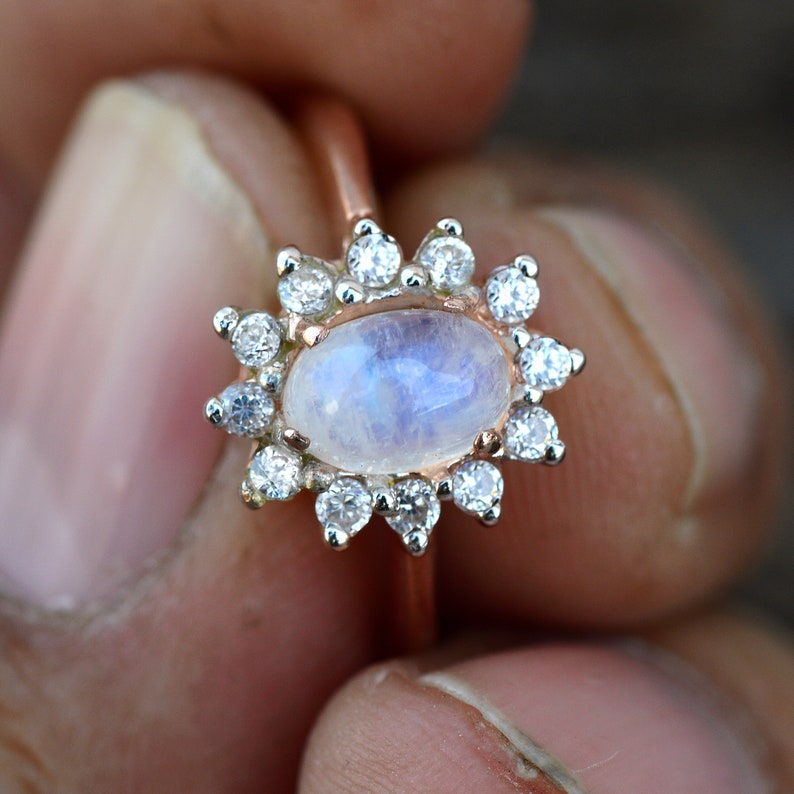 Natural Rainbow Moonstone Ring Solid security 925 Gold Quality inspection Plat Silver Rose