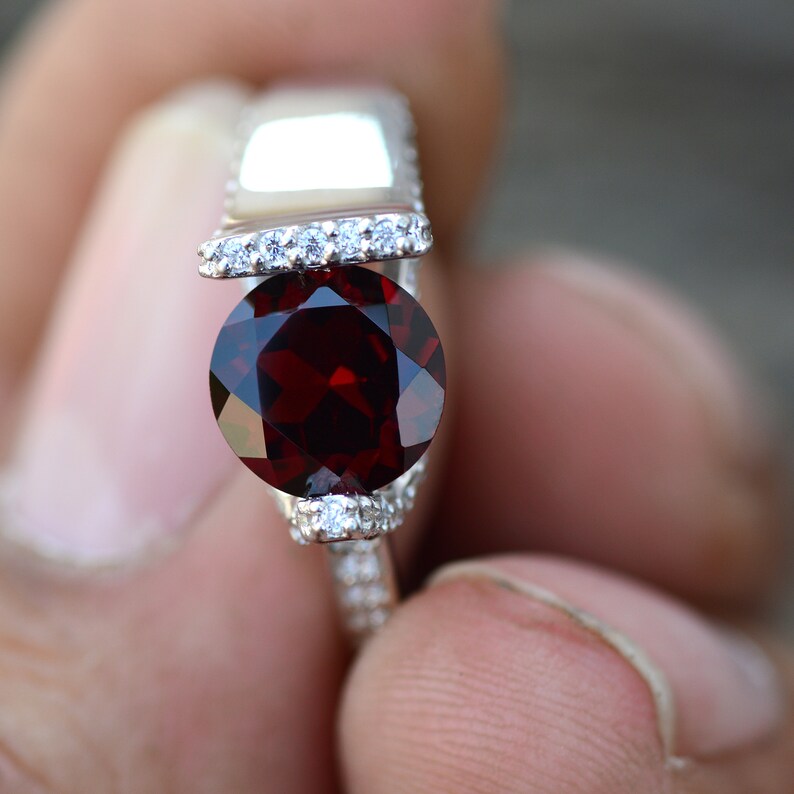 Xmas Gift For Her White Zircon Accented Natural Red Garnet Engagement Ring Dainty Promise Ring Solid 925 Silver Statement Ring