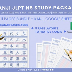 Kanji JLPT N5 Studienpaket, japanische N5 Kanji Karteien mit Google Sheet und Kanji Pratice Bögen, Japanisches Kanjis Studienmaterial