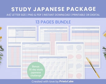 Japanese study package - Japanese starter pack - Japanese study template | Hiragana, Katakana, kanji practice sheets