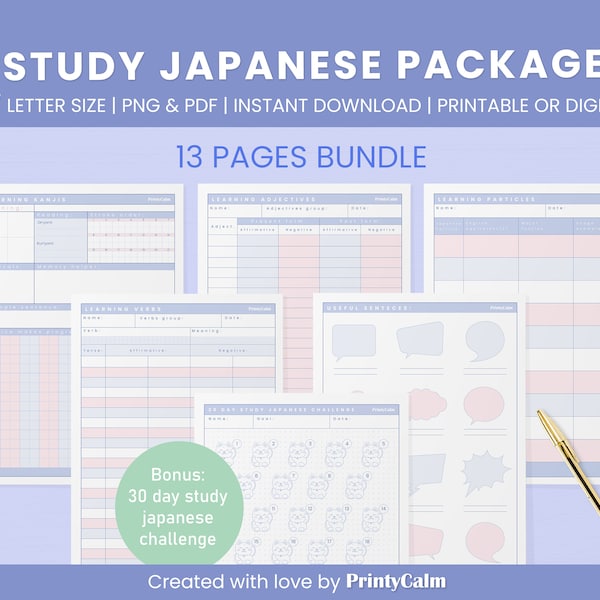 Japanese study package - Japanese starter pack - Japanese study template | Hiragana, Katakana, kanji practice sheets