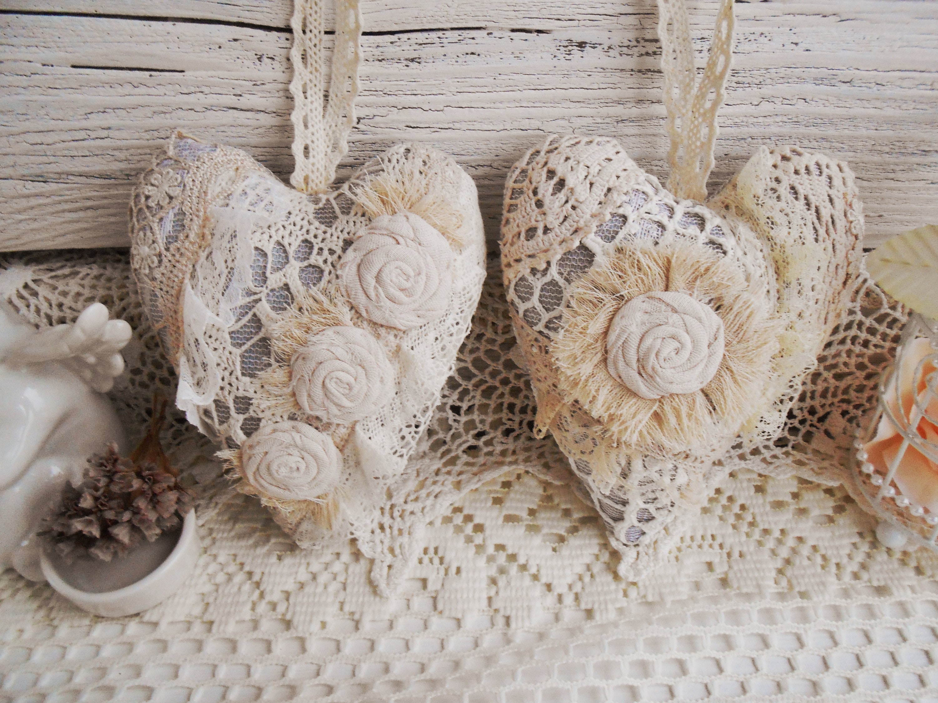 Two hearts shabby chic lace heart shabby heart vintage Etsy