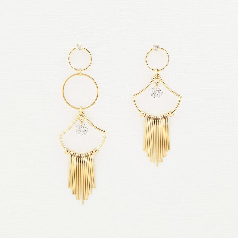 Open Circle Round Bar Drop Dangle Earrings Unbalanced Cascade Earrings Chandelier Earrings Cubic Zirconia Rhinestone Titanium Gold Tone