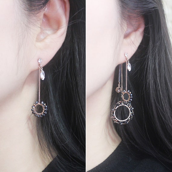 Open Circle Round Bar Drop Dangle Earrings Unbalanced Cascade Earrings Chandelier Earrings Cubic Zirconia Rhinestone Titanium Gold Tone