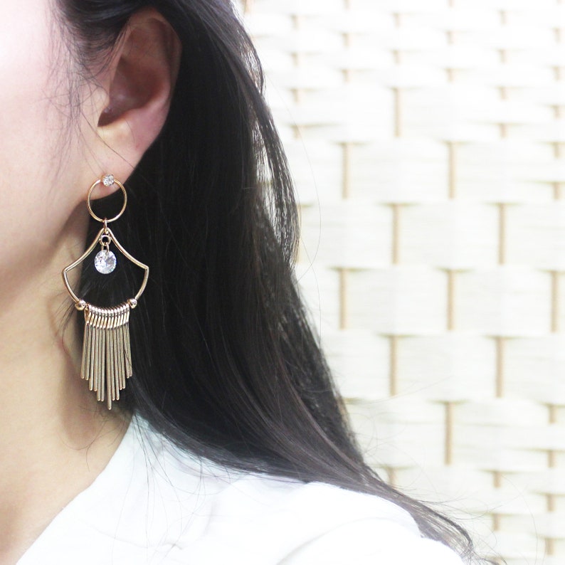Open Circle Round Bar Drop Dangle Earrings Unbalanced Cascade Earrings Chandelier Earrings Cubic Zirconia Rhinestone Titanium Gold Tone