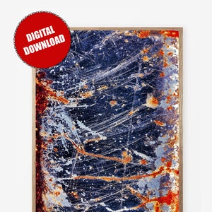 Pode incluir: Impress&atilde;o de arte abstrata que apresenta um close-up de uma superf&iacute;cie met&aacute;lica enferrujada com listras e manchas azuis, laranja e brancas.