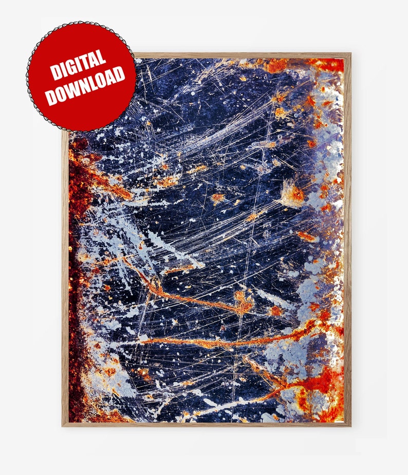 Pode incluir: Impress&atilde;o de arte abstrata que apresenta um close-up de uma superf&iacute;cie met&aacute;lica enferrujada com listras e manchas azuis, laranja e brancas.