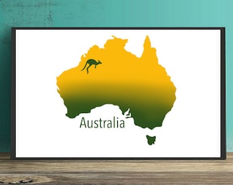 Australia Gold and Green Map Print, Australia Print, Australia Wall Decor, Australia Nursery Print, Printable Australia, Australia Kangaroo