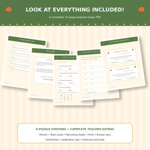 May include: A 23-page teacher-ready PDF educational resource featuring a collection of printable documents including a teacher quick start guide, mission instructions, place-value puzzle stations, team recording sheets, and pumpkin patch hero certificates.