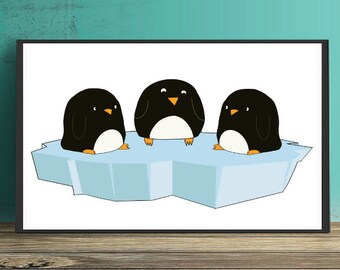 Three Penguins on Iceberg Print, Penguin Print, Printable Penguin Wall Decor, Penguin Nursery Decor, Penguin Nursery Print in JPG & PNG