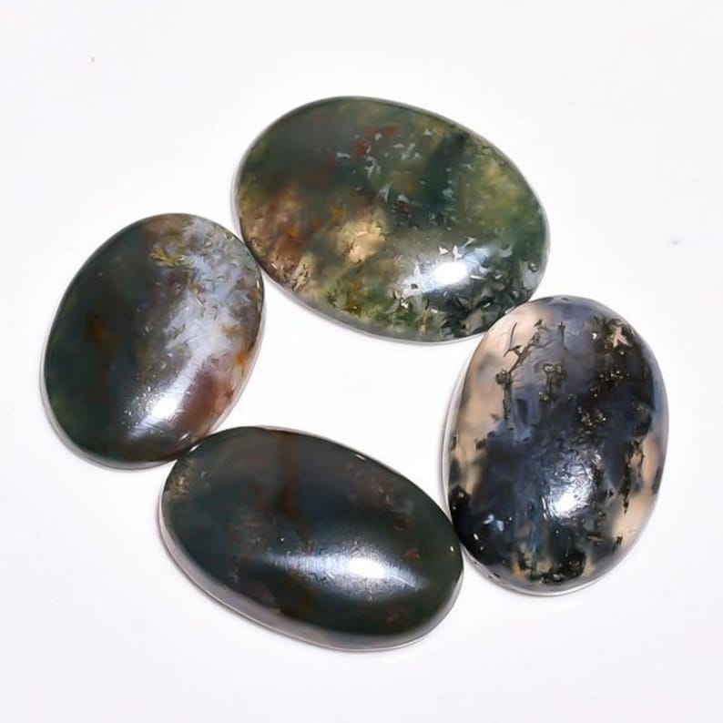 quality 4 Pieces Green Moss Agate Cabochons Lot 15 to 18 Oval Shape Natural Agate Gemstones Cabs Loose Stones AAA